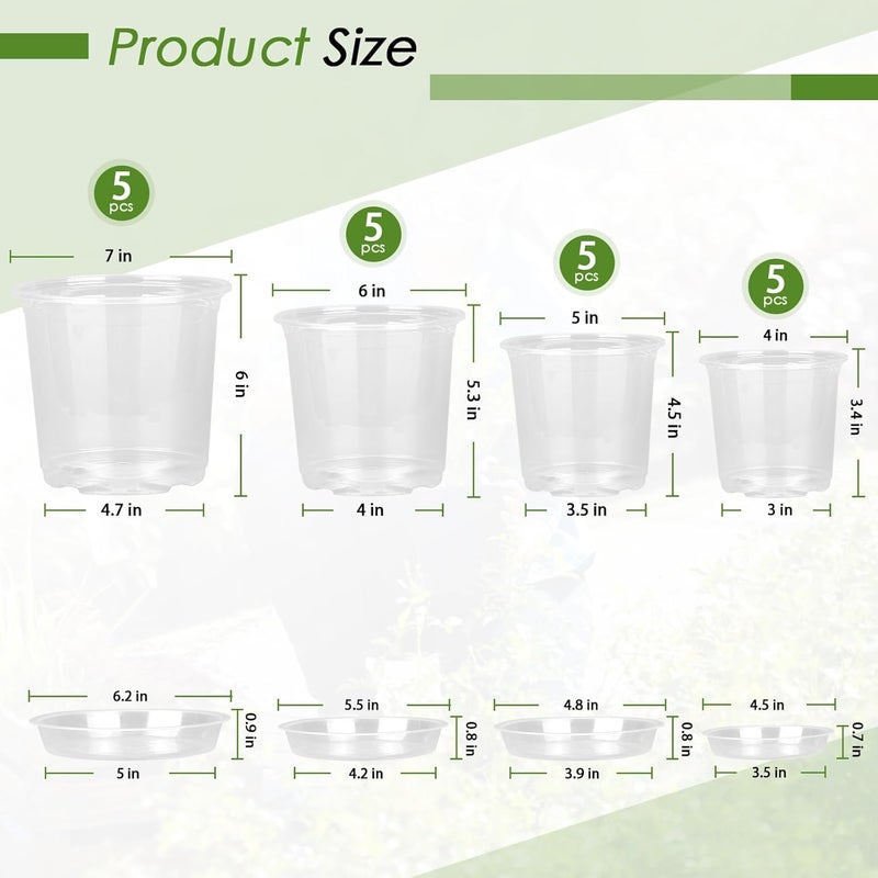 FUIJOL 4/5/6/7 Inch Clear Nursery Pots for Plants with Sacuers 20 Pack, Plastic Flower Pots with Drainage Holes, Variety Pack Seedlings Garden Pot for Indoor Outdoor (4+5+6+7 inch) - Image 2